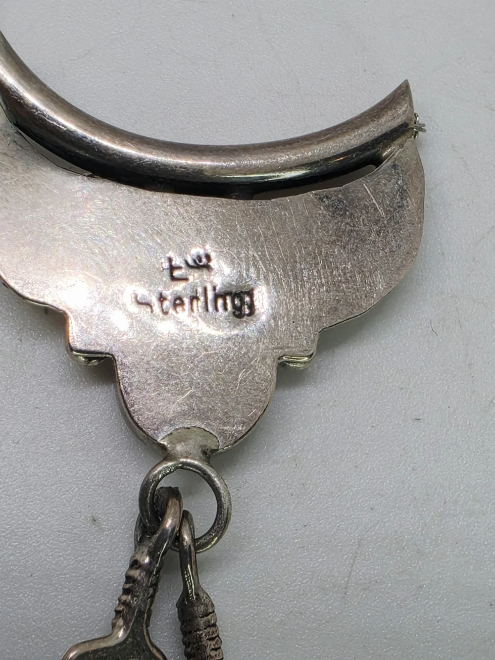 Vintage Native American Sterling Silver MOP White Dangle Feather Necklace Signed